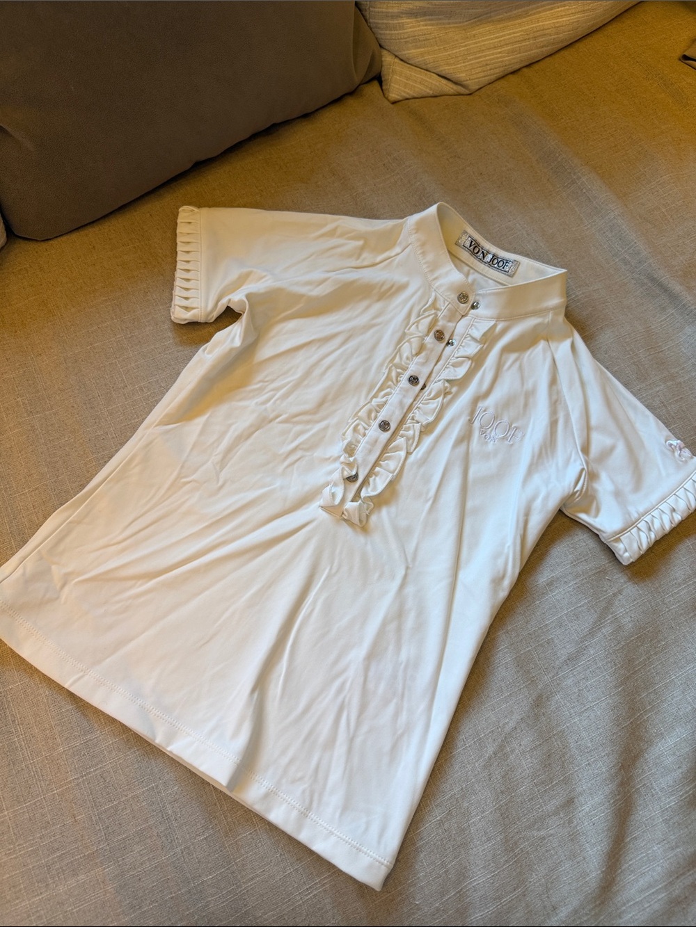 Von Joof equestrian White Ruffle-Placket Polo Top